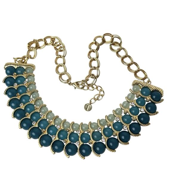 Talbots Beaded Bib Necklace Blue Green Clear Rhinestone Accents Gold Tone Chain - Picture 4 of 13